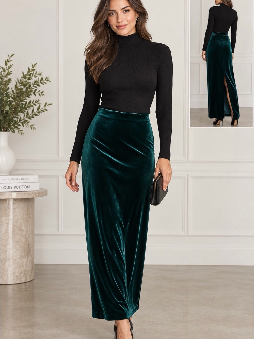 Alex Marie Green Velvet Maxi Skirt Back Slit Formal Evening Size 12 - Picture 2 of 8